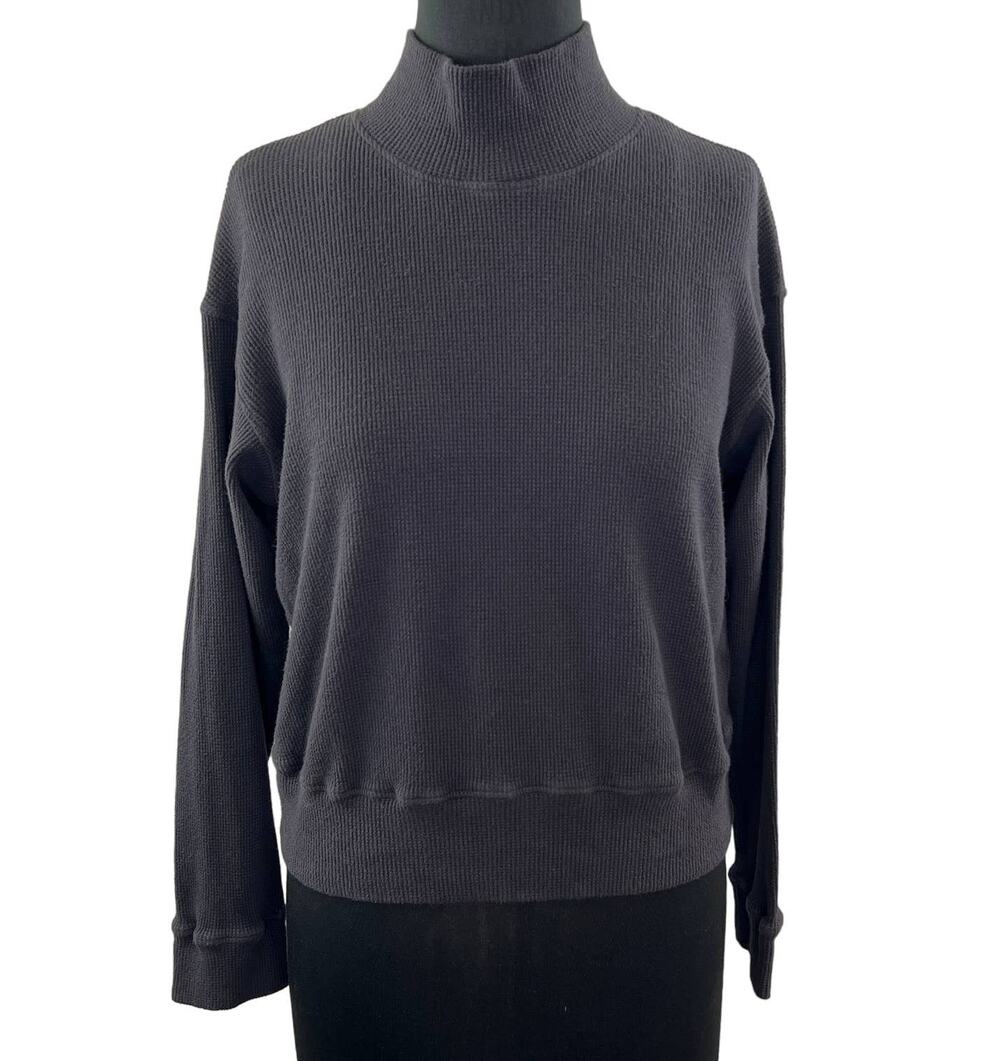 MONROW Black Cotton Brushed Thermal Mock Neck Slouchy Pullover Sweatshirt Size M